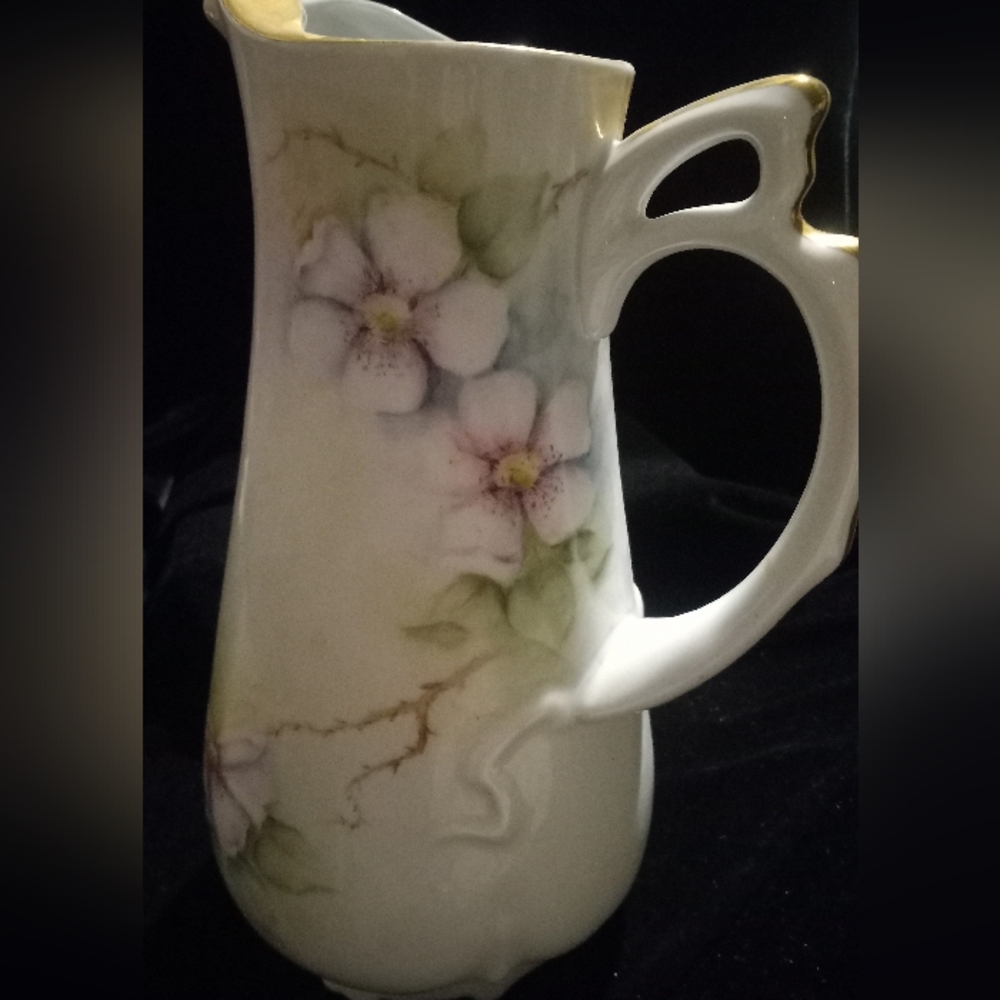 Vintage Ceramic Gold White Pink Flowers Pitcher 10x6" 2 Lbs